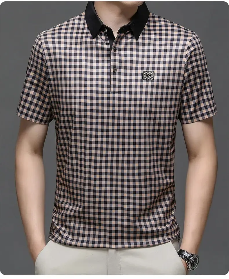 Men's Silk Polo Shirt Summer Business Casual Short Sleeve Shirt