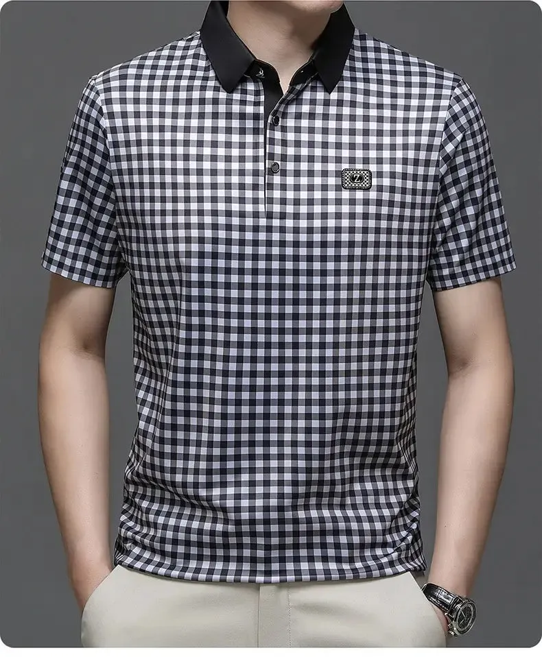 Men's Silk Polo Shirt Summer Business Casual Short Sleeve Shirt