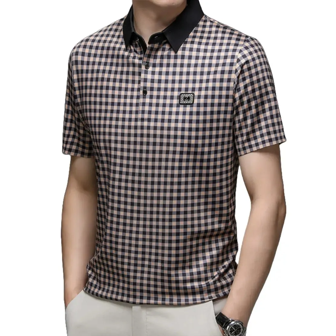 Men's Silk Polo Shirt Summer Business Casual Short Sleeve Shirt