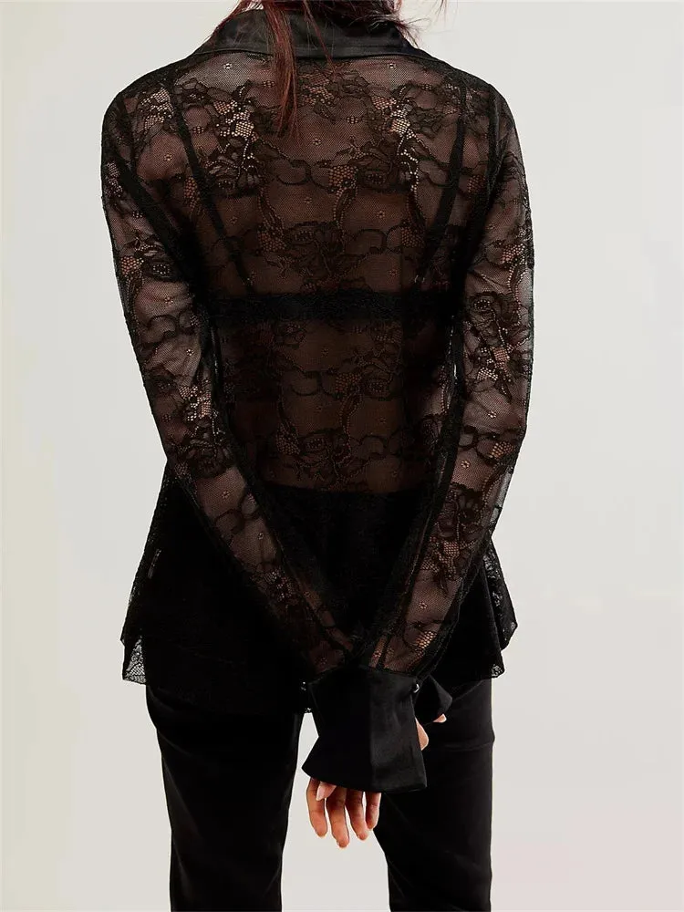 Mesh Lace Patchwork Turn-Down Collar Long Sleeve Casual Blouse for Women