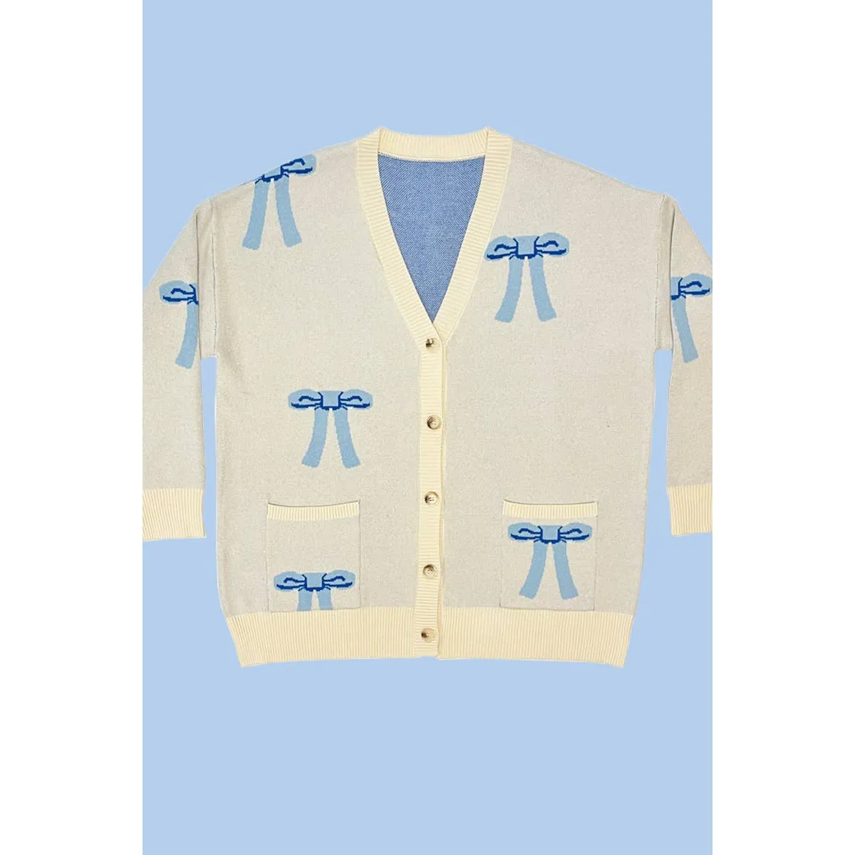 Miss Sparkling All Over Coquette Bow Knit Cardigan in Blue or Pink [Size Options: SM-XL]