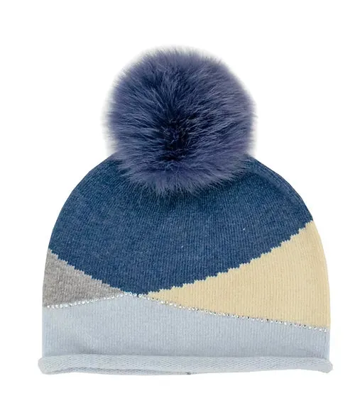 Mitchie's Matchings | Knit Zigzag Sparkle Hat with Crystals & Fox Fur Pompom | Women's