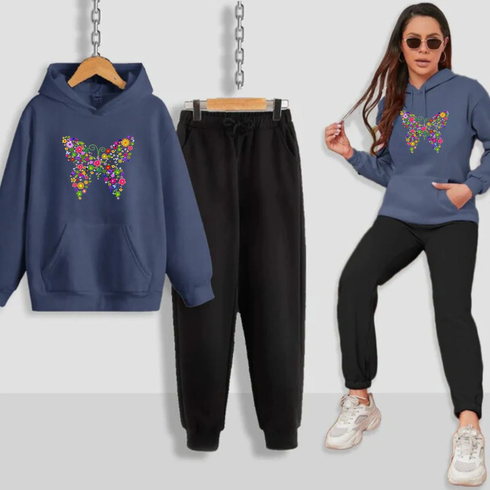 Multi Butterfly Printed Women Hoodie Set