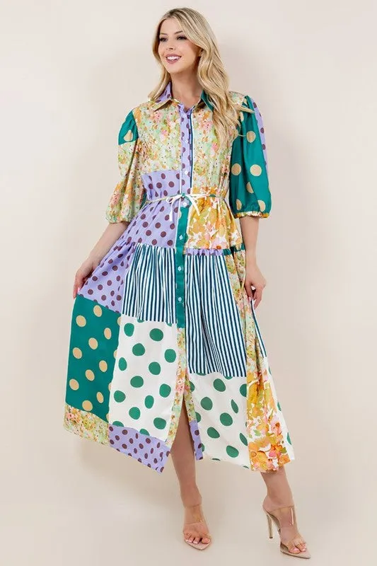 Multi Patchwork Print Short Sleeve Button Down Dress