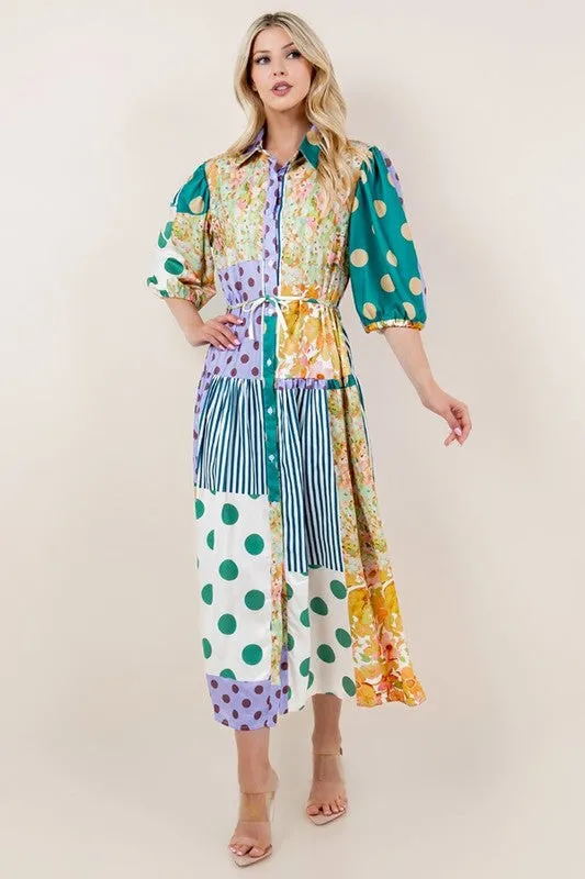 Multi Patchwork Print Short Sleeve Button Down Dress