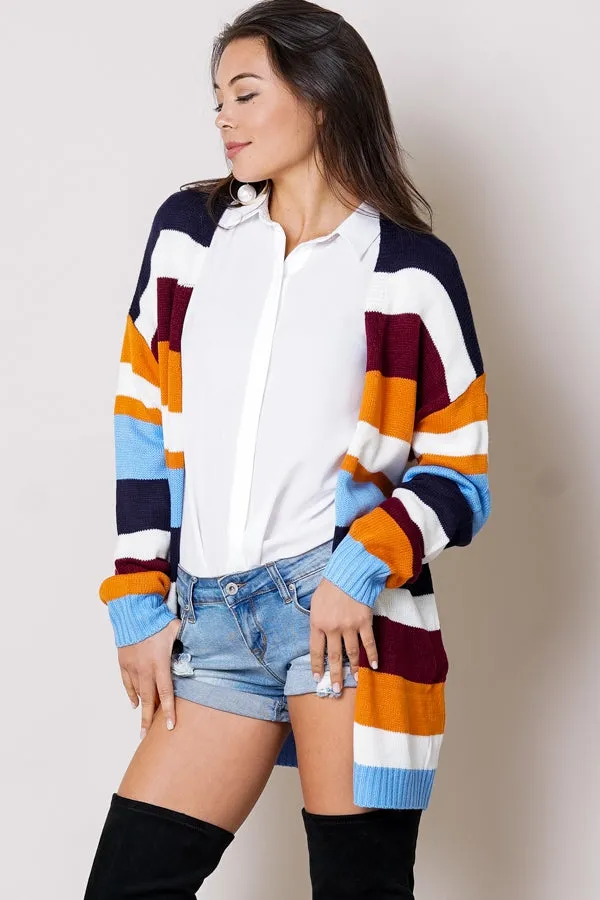 Multi striped ribbed hem open front long sleeve cardigan sweater