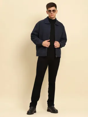 Navy Blue Ploy Blend Textured Regular Fit Jacket