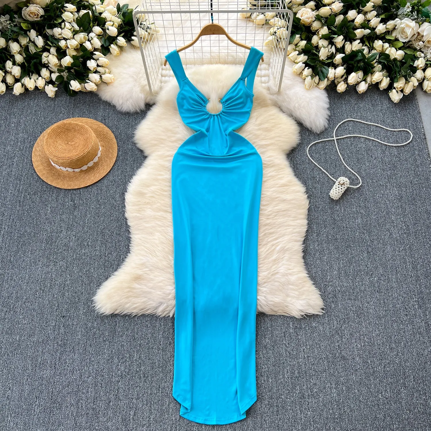 Niche Hollowed Solid Color Slip Dress