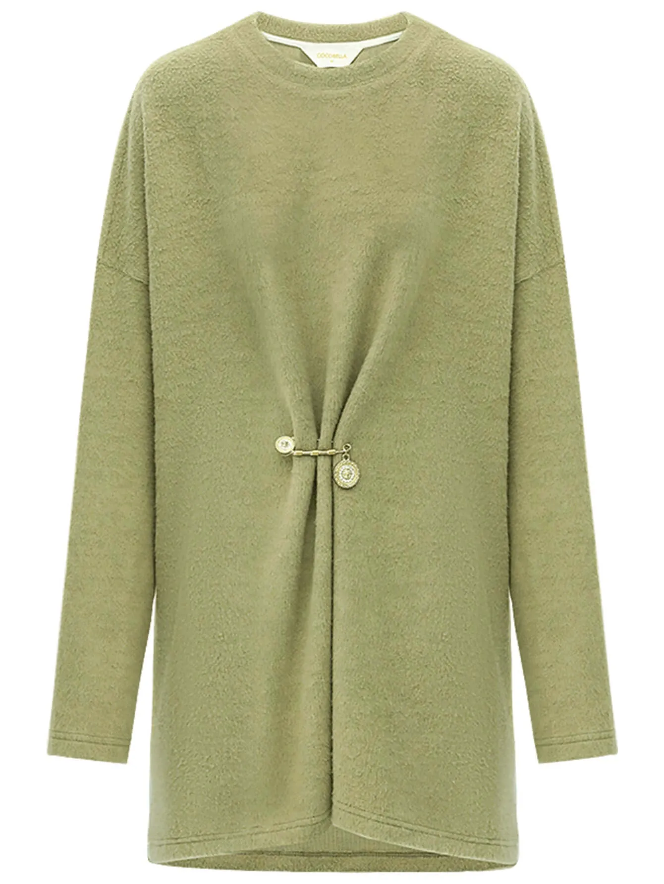 Oversized Green Fleece Knit with a Stylish Cinched Brooch Pin