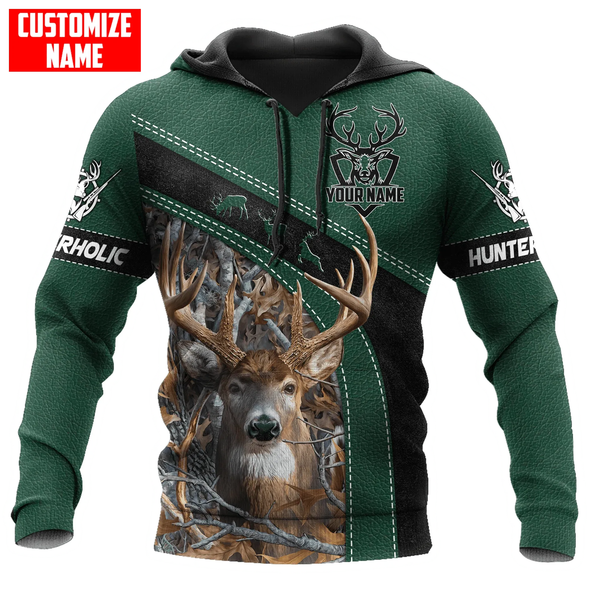 Personalized Hunting Green Leather Pattern Hoodie, Hunting Hoodie, Deer Hunter Hoodie For Men Women