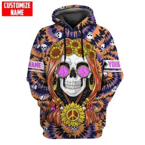 Personalized Name Skull Hippie Girl With Sunflower Peace Sign 3D Printed Unisex Hoodie