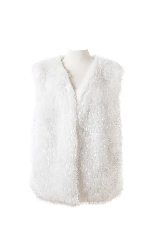 Plush Ivory Fax Fur Sleeveless Cardigan Coat