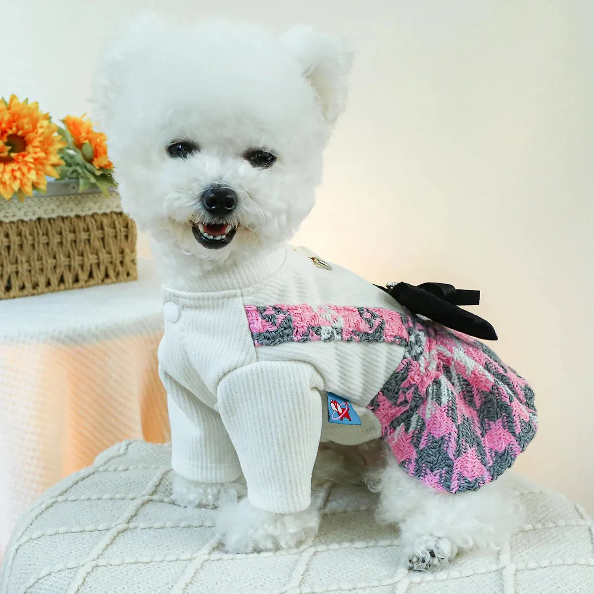 Pretty in Pink: Autumn/Winter Bow Strap Dress - Thickened Warm Pet Apparel with Classic Elegance for Small to Medium Dogs and Cats