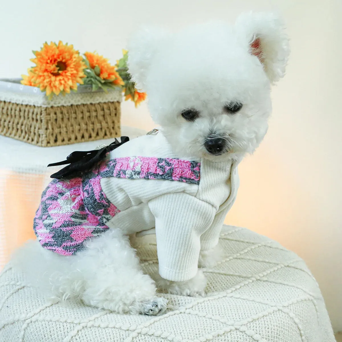 Pretty in Pink: Autumn/Winter Bow Strap Dress - Thickened Warm Pet Apparel with Classic Elegance for Small to Medium Dogs and Cats