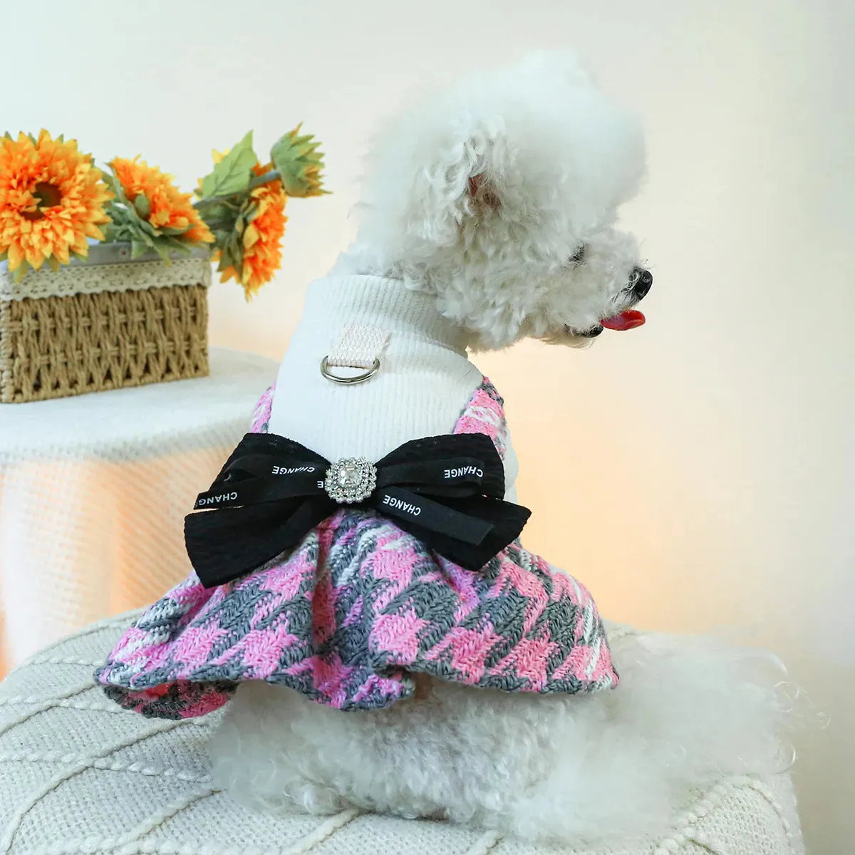 Pretty in Pink: Autumn/Winter Bow Strap Dress - Thickened Warm Pet Apparel with Classic Elegance for Small to Medium Dogs and Cats