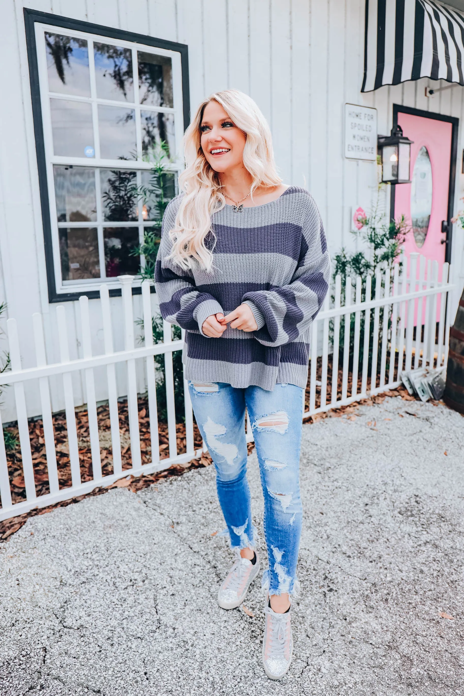 Puff Sleeve Striped Sweater - Blue