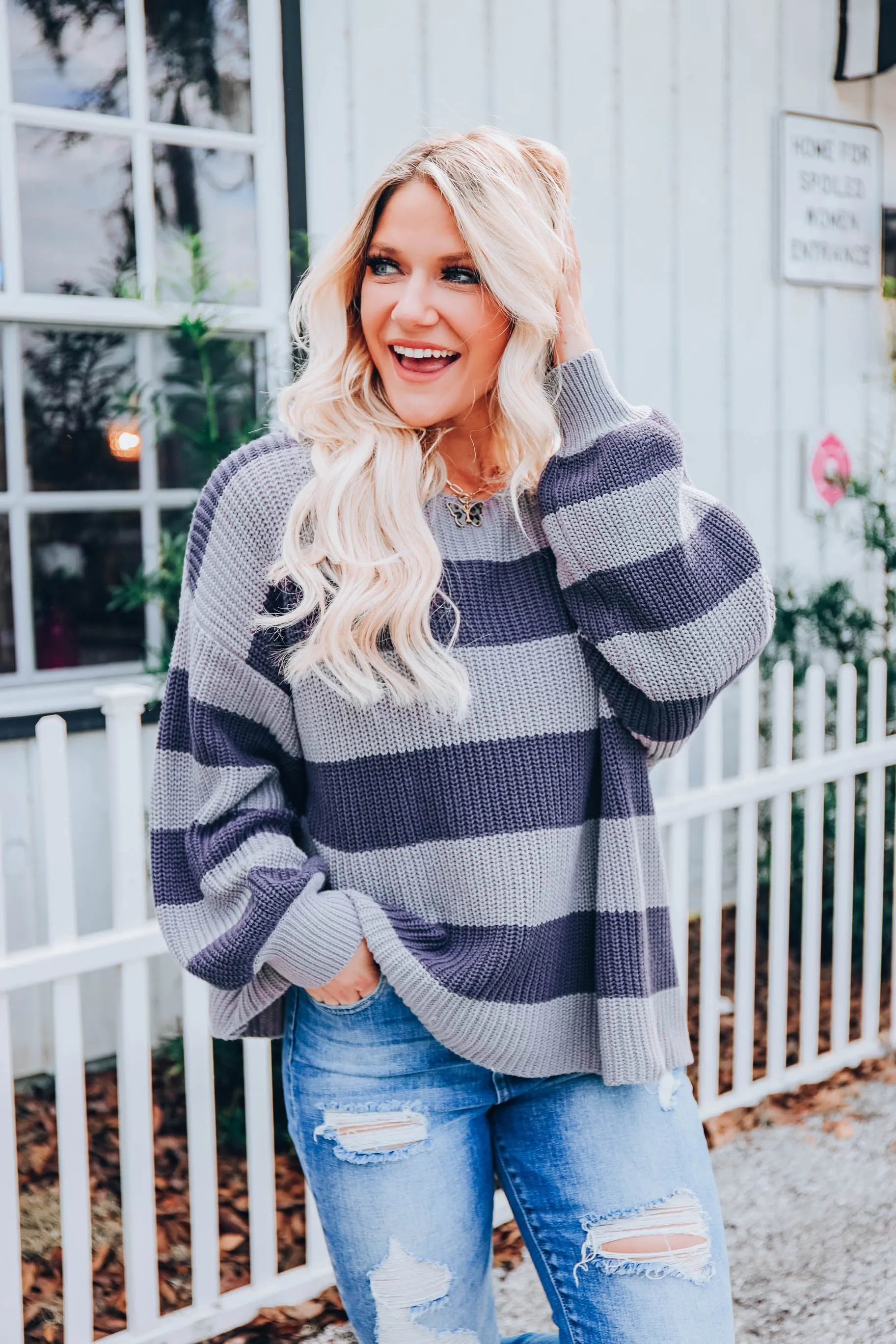 Puff Sleeve Striped Sweater - Blue