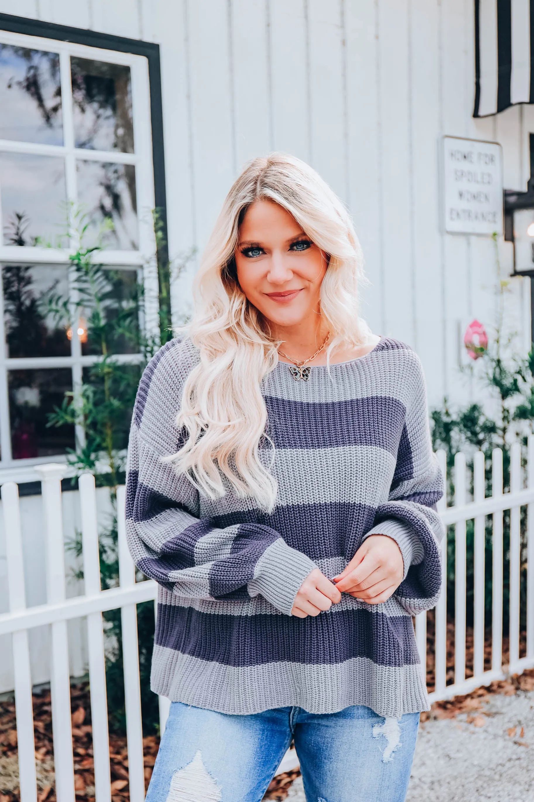 Puff Sleeve Striped Sweater - Blue