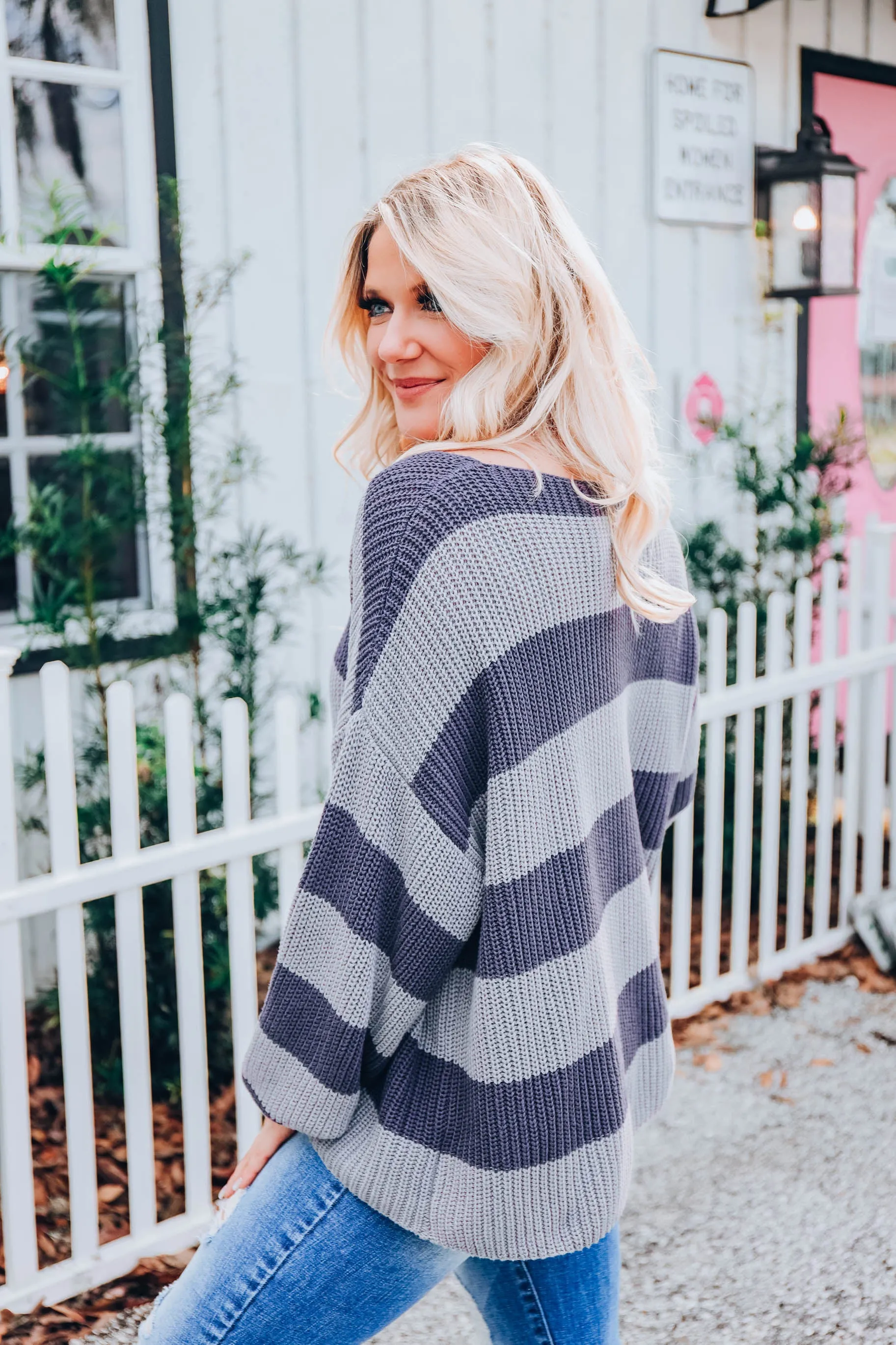 Puff Sleeve Striped Sweater - Blue