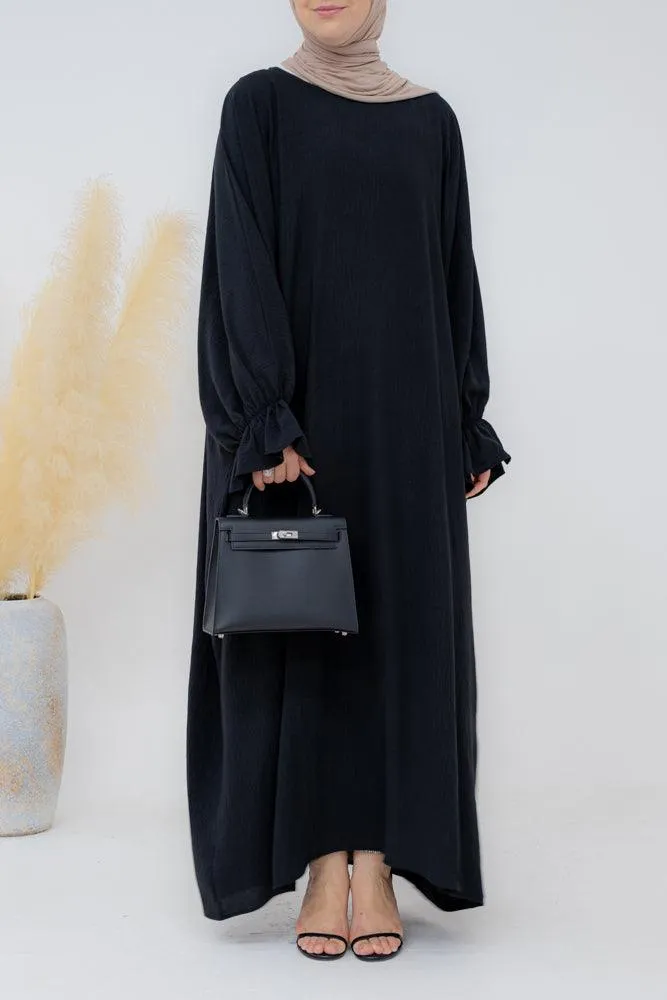 Radwa batwing abaya with ruched sleeve and loose cut in black