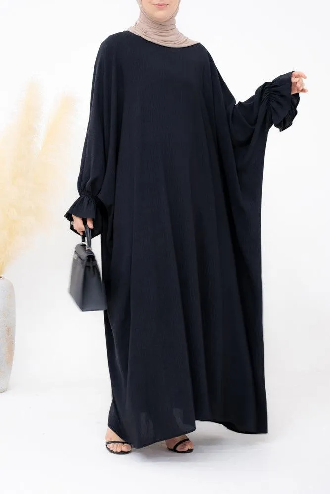 Radwa batwing abaya with ruched sleeve and loose cut in black