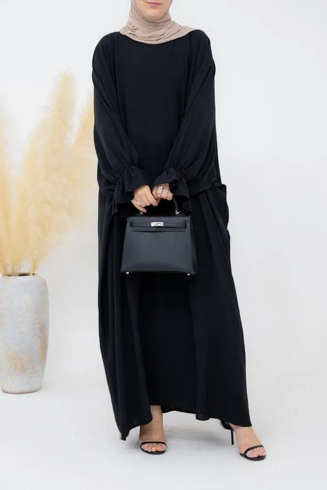 Radwa batwing abaya with ruched sleeve and loose cut in black