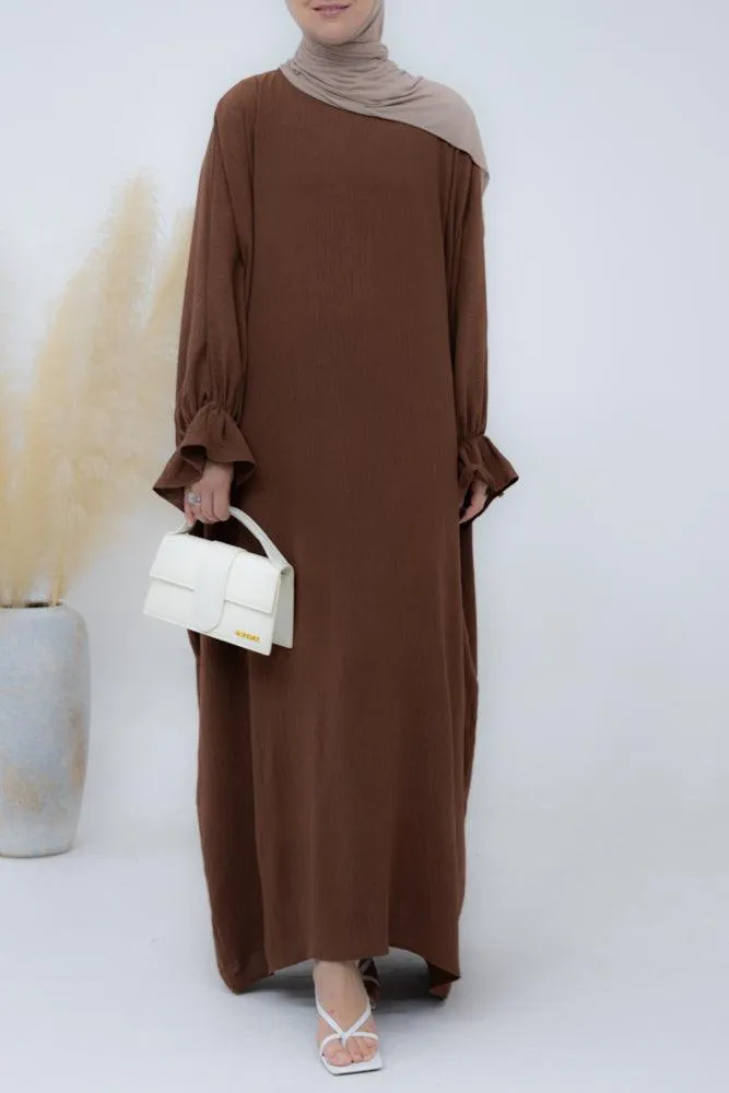 Radwa batwing abaya with ruched sleeve and loose cut in coffee