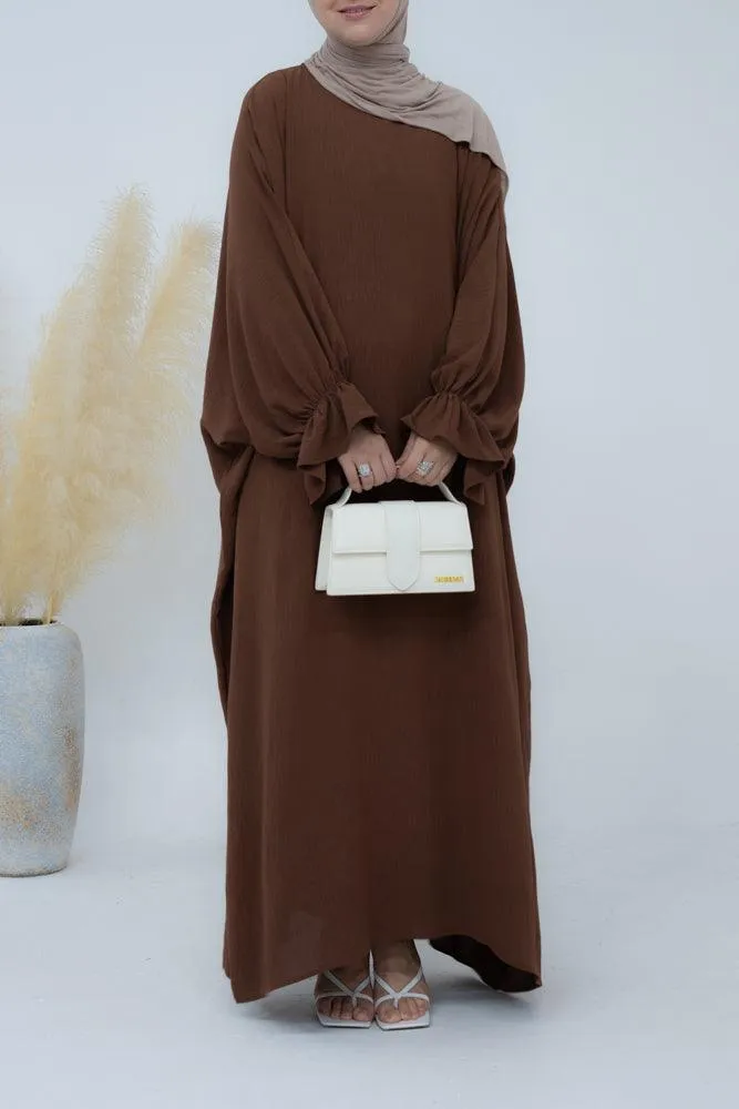 Radwa batwing abaya with ruched sleeve and loose cut in coffee