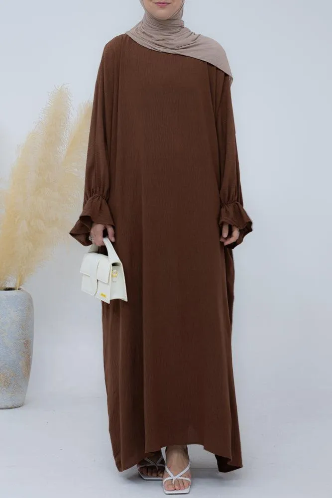 Radwa batwing abaya with ruched sleeve and loose cut in coffee