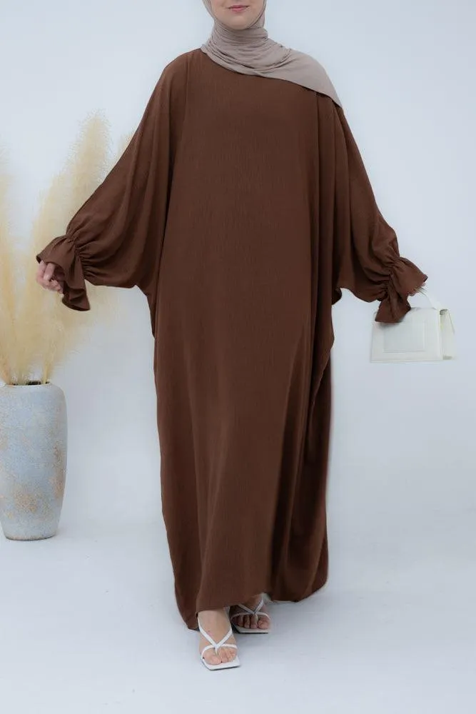 Radwa batwing abaya with ruched sleeve and loose cut in coffee