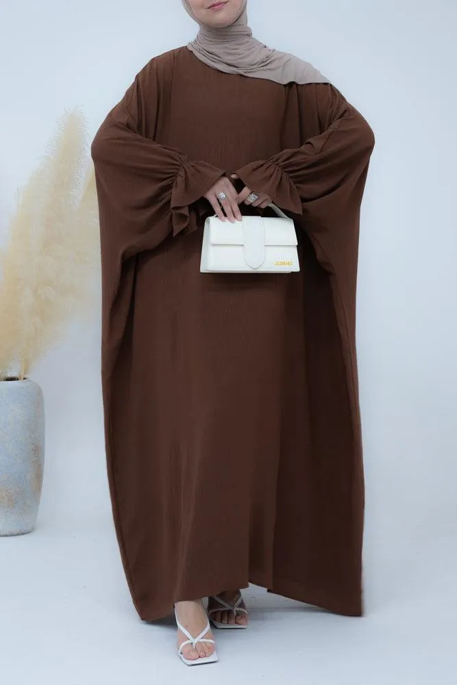 Radwa batwing abaya with ruched sleeve and loose cut in coffee