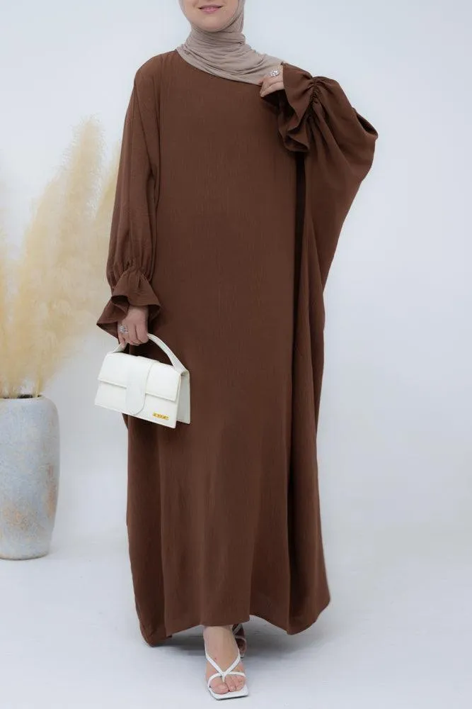 Radwa batwing abaya with ruched sleeve and loose cut in coffee