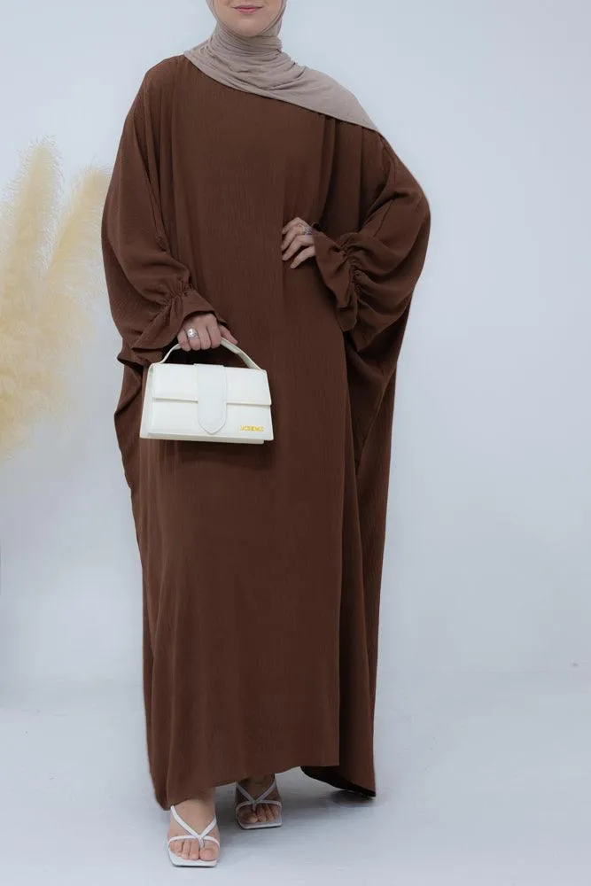 Radwa batwing abaya with ruched sleeve and loose cut in coffee