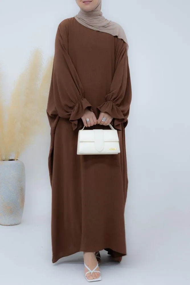 Radwa batwing abaya with ruched sleeve and loose cut in coffee