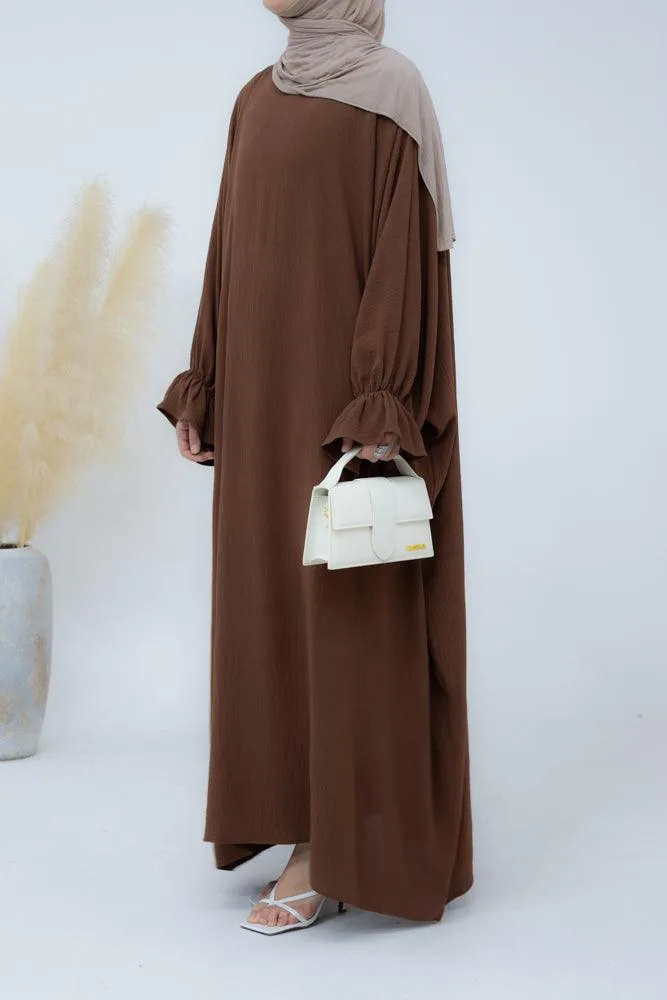 Radwa batwing abaya with ruched sleeve and loose cut in coffee