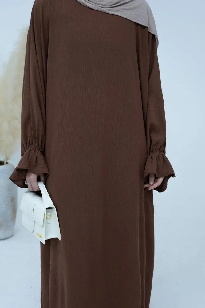 Radwa batwing abaya with ruched sleeve and loose cut in coffee