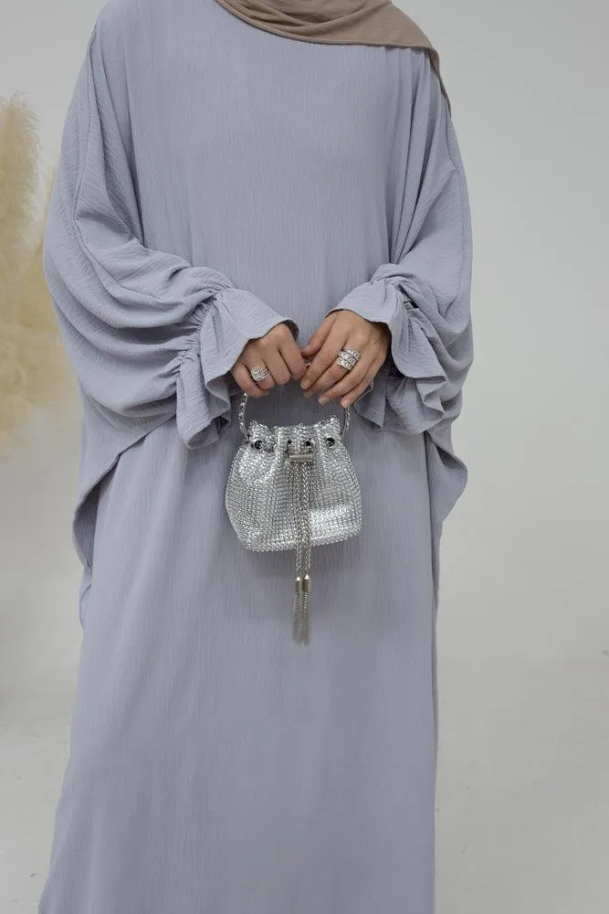 Radwa batwing abaya with ruched sleeve and loose cut in light grey