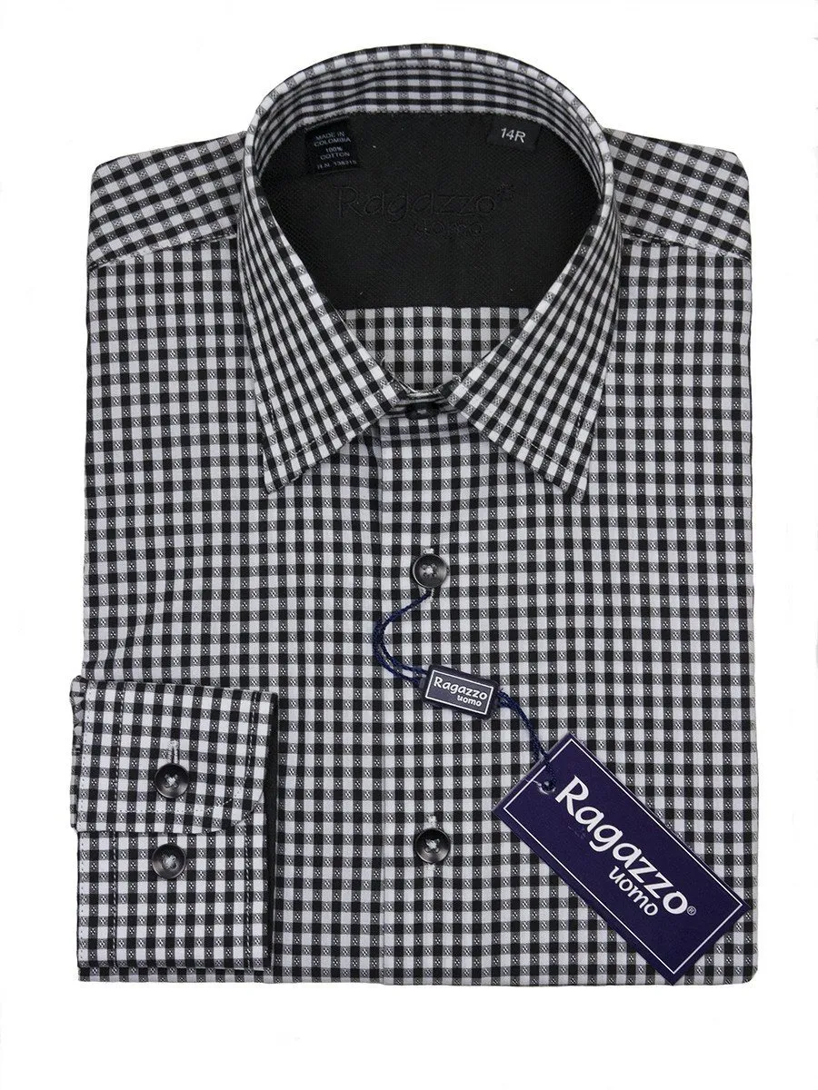 Ragazzo 24406 100% Cotton Boy's Dress Shirt - Gingham Check - Black