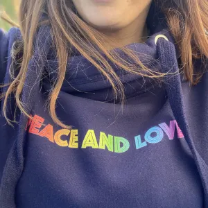 Rainbow Peace and Love Cowl Neck Hoodie in Navy