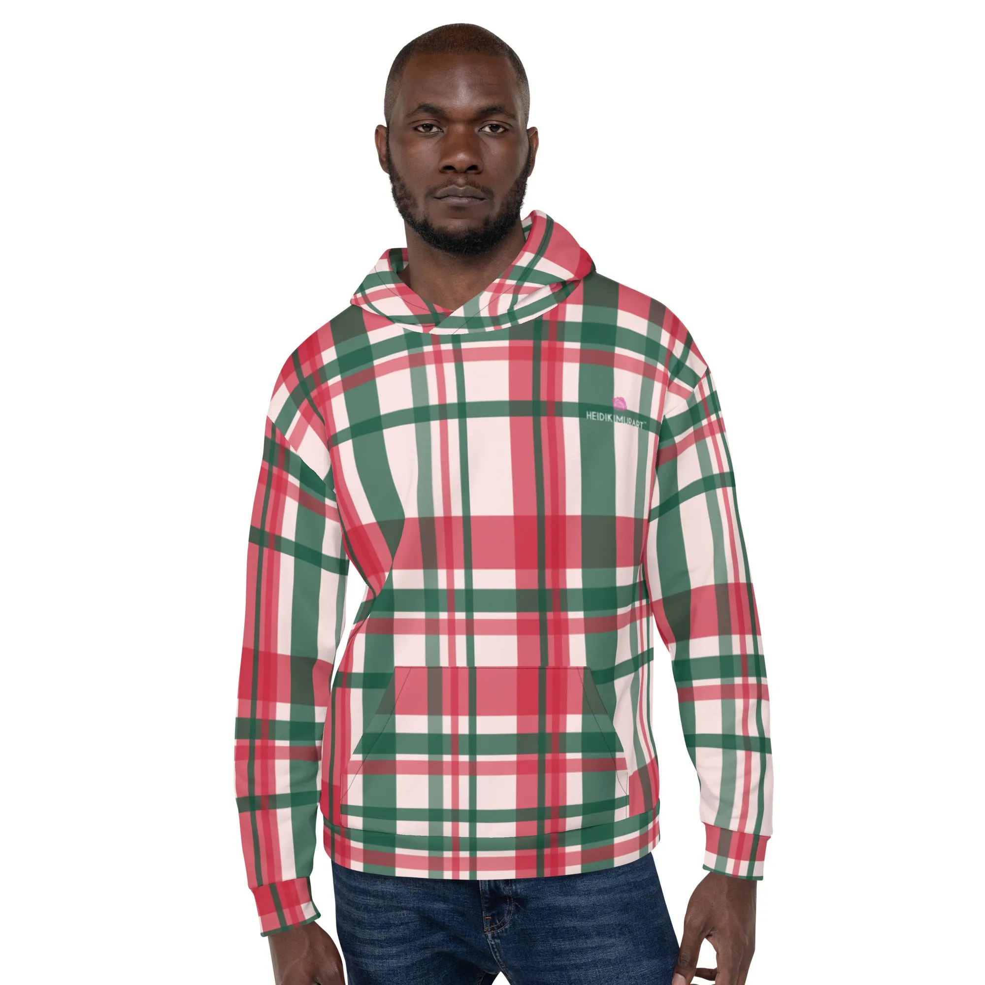 Red Green Plaid Print Hoodie, Plaid Print Unisex Soft Fleece Designer Hoodie- Made in USA/MX/EU