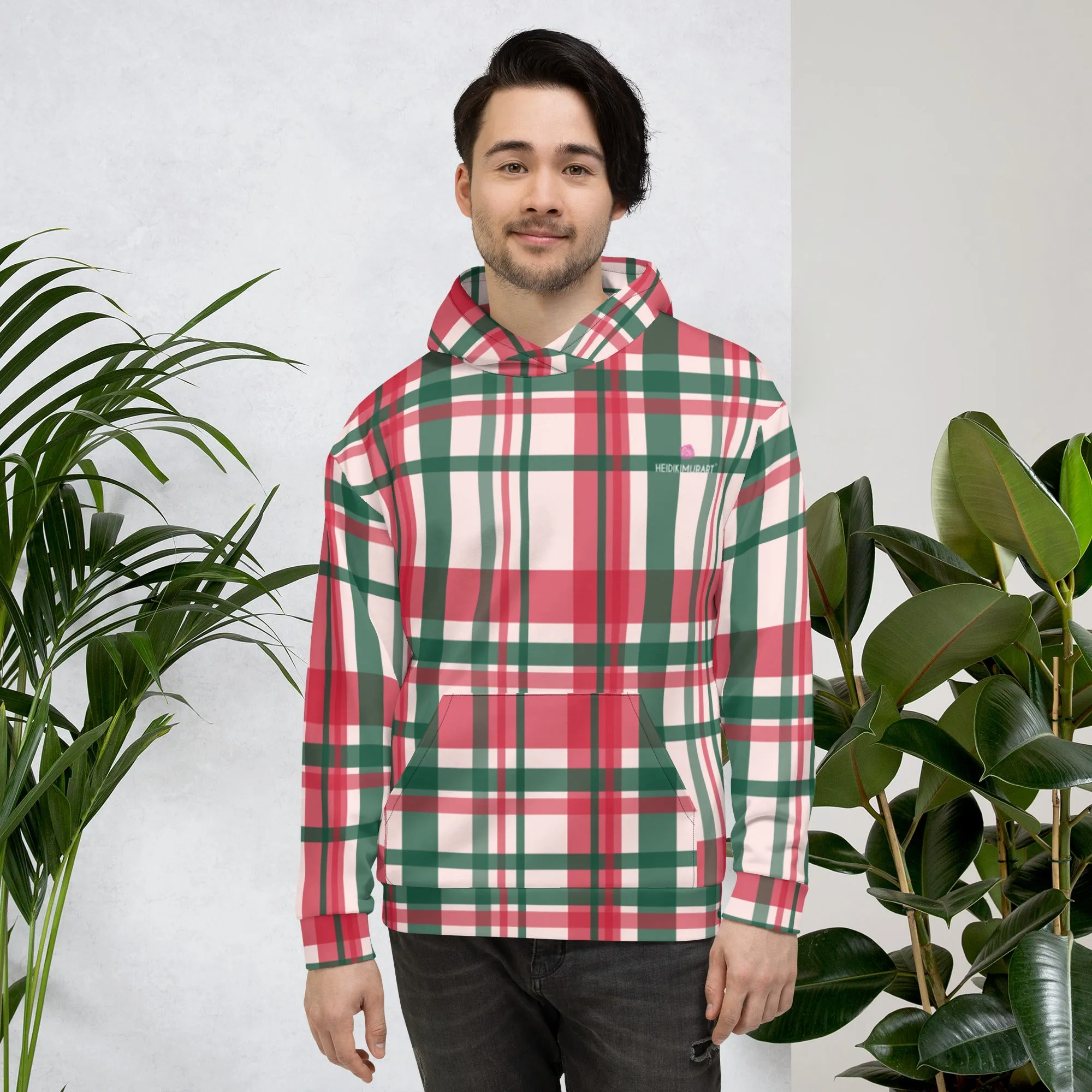 Red Green Plaid Print Hoodie, Plaid Print Unisex Soft Fleece Designer Hoodie- Made in USA/MX/EU