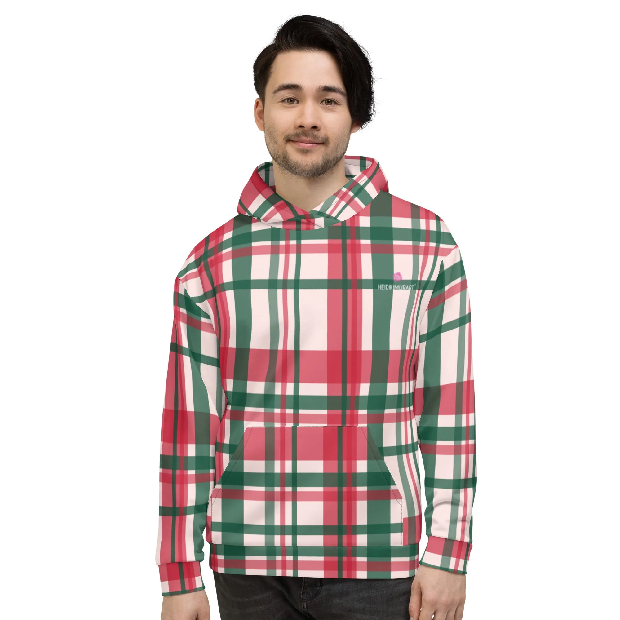 Red Green Plaid Print Hoodie, Plaid Print Unisex Soft Fleece Designer Hoodie- Made in USA/MX/EU