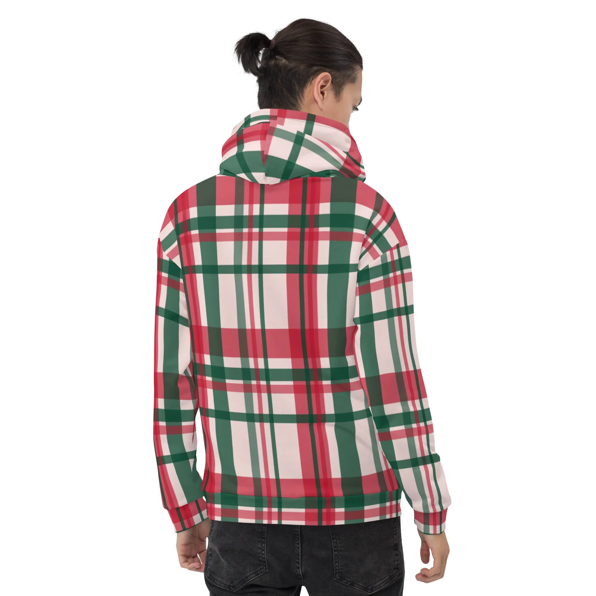 Red Green Plaid Print Hoodie, Plaid Print Unisex Soft Fleece Designer Hoodie- Made in USA/MX/EU