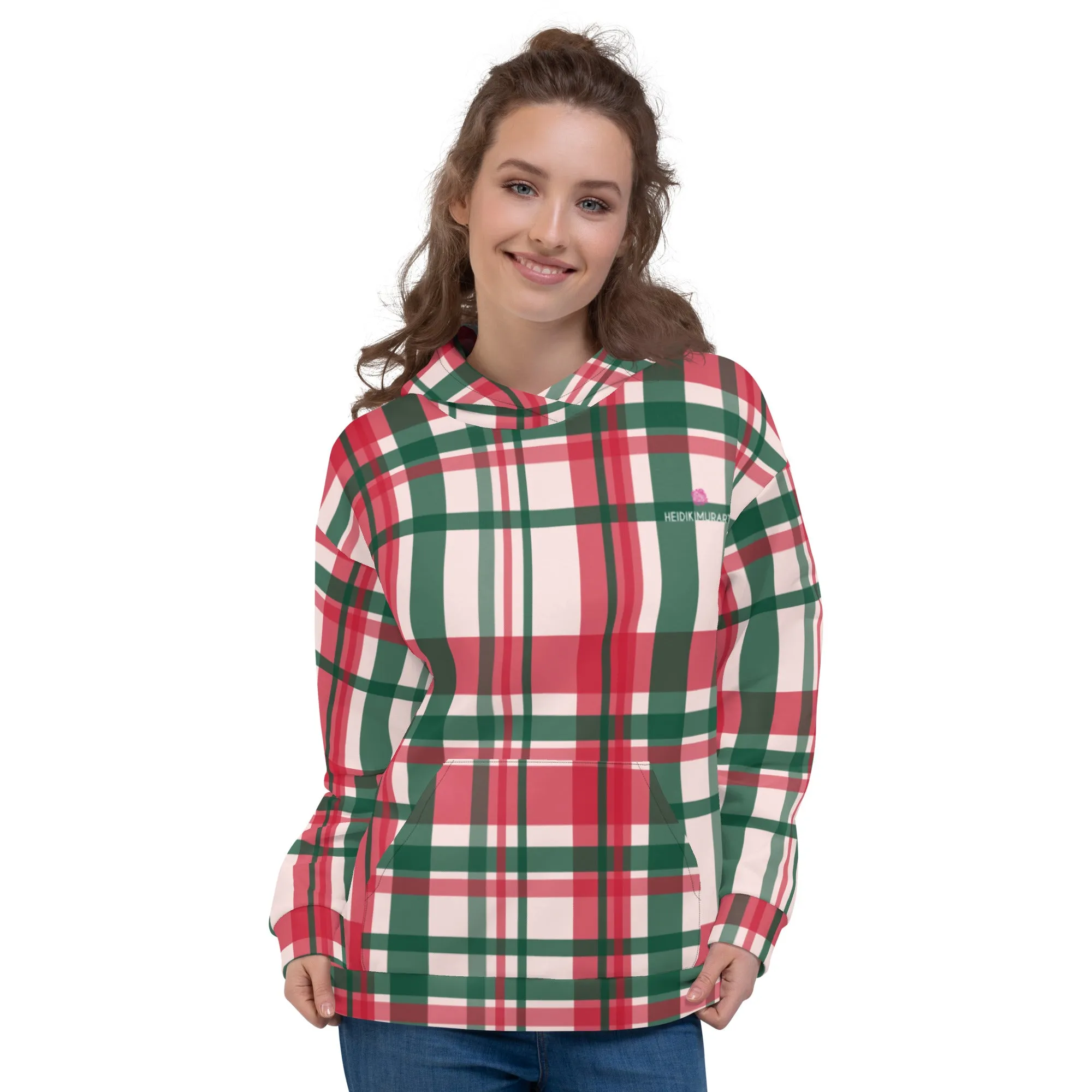 Red Green Plaid Print Hoodie, Plaid Print Unisex Soft Fleece Designer Hoodie- Made in USA/MX/EU