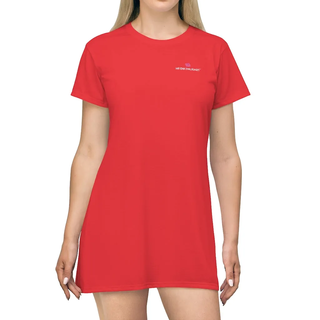 Red T-Shirt Dress, Solid Color Crewneck Long Tee Shirt Best Designer Dress For Women - Made in USA