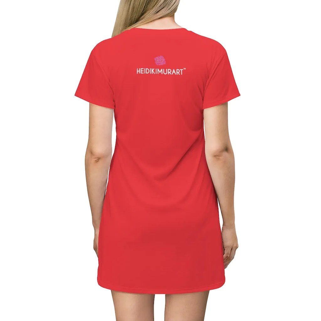 Red T-Shirt Dress, Solid Color Crewneck Long Tee Shirt Best Designer Dress For Women - Made in USA