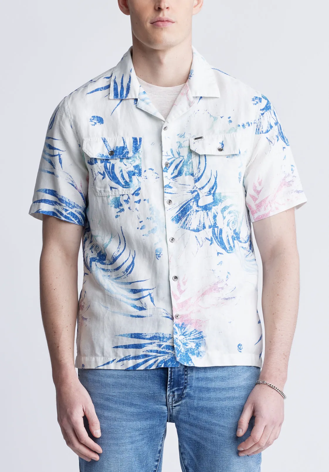 Salaman Men's Short Sleeve Shirt, White with Blue Print - BM24363