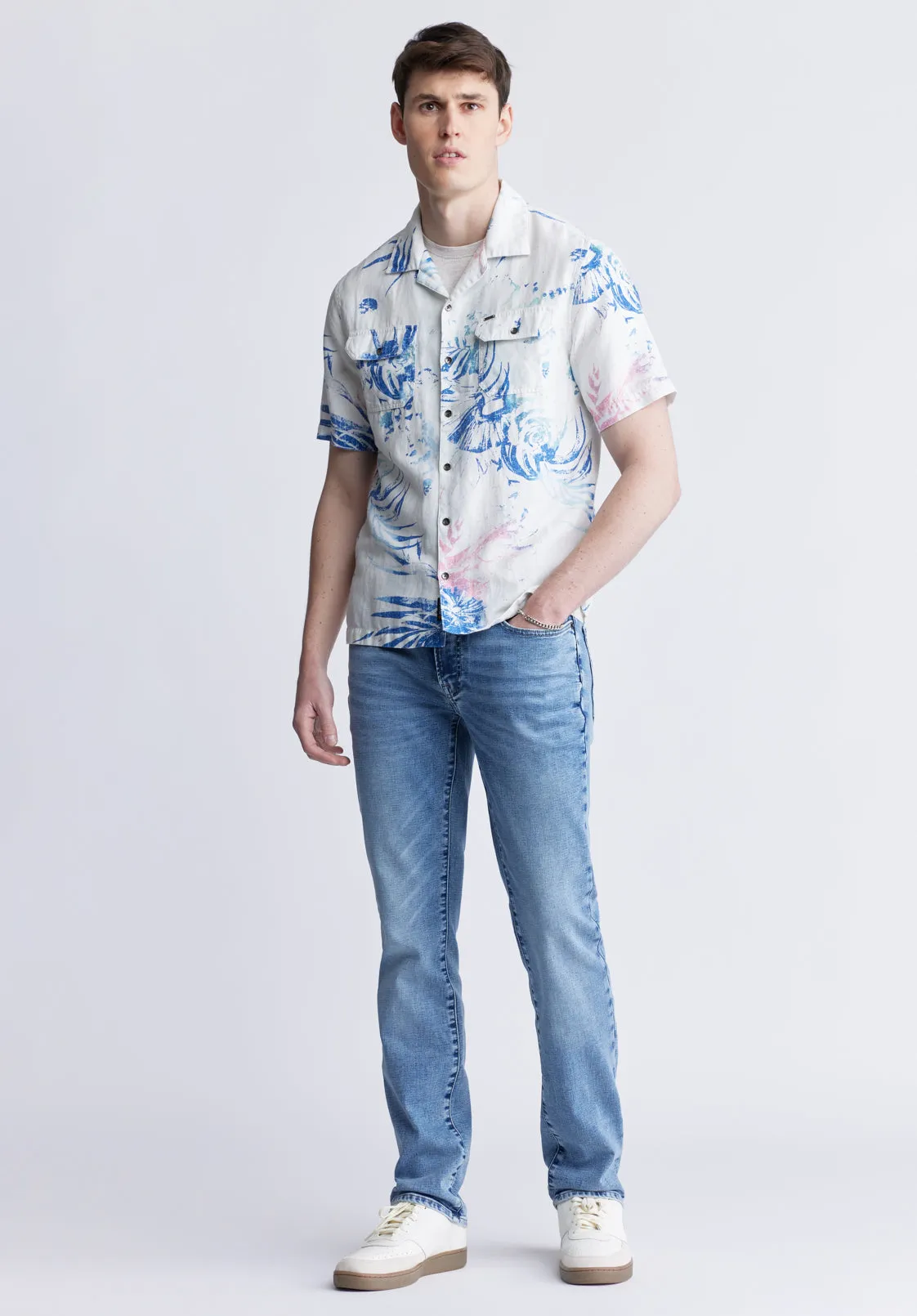 Salaman Men's Short Sleeve Shirt, White with Blue Print - BM24363