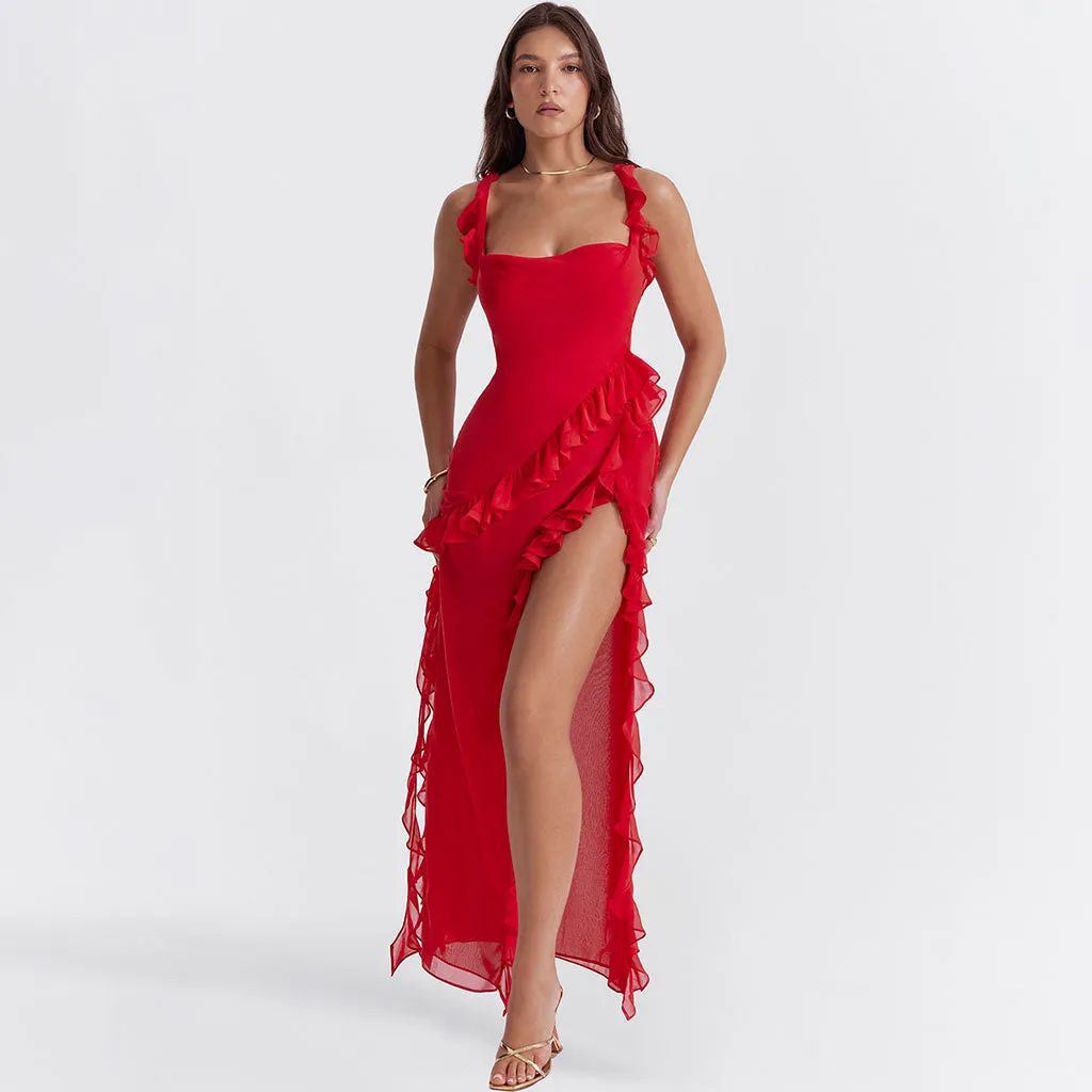 Sexy Sweetheart Neck Draped Ruffle Strap Split Sleeveless Maxi Evening Dress