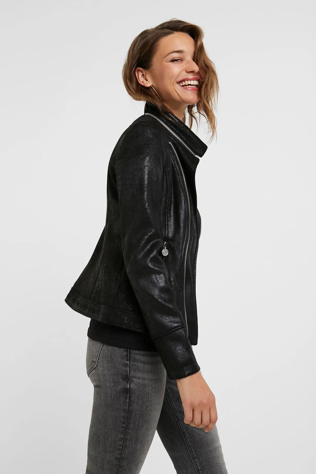 Slim Biker Jacket w/ Embroidery - Black